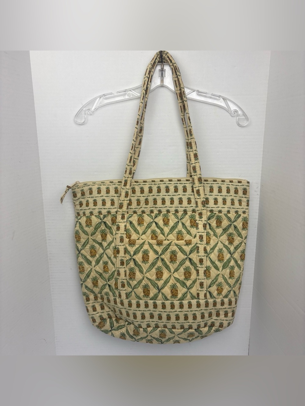 Pineapple Quilted Tote Shoulder Bag Purse Two Handle Tan Green Tropical Cotton